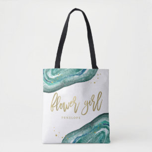 Watercolor Teal and Gold Look Geode   Flower Girl Tote Bag