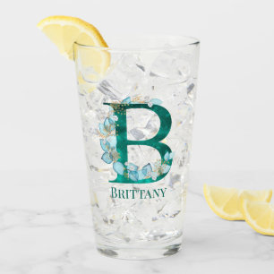 Watercolor Teal and Gold Monogram Letter B Glass