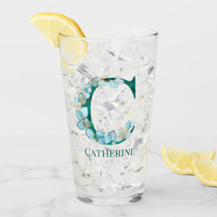 Watercolor Teal and Gold Monogram Letter C Glass