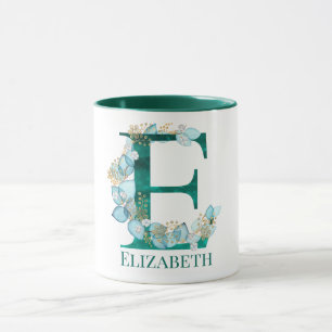 Watercolor Teal and Gold Monogram Letter E Mug