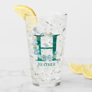 Watercolor Teal and Gold Monogram Letter H Glass