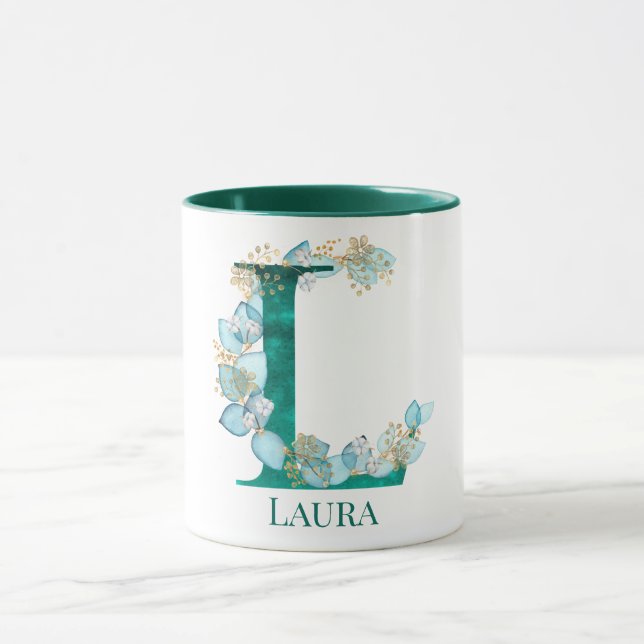 Watercolor Teal and Gold Monogram Letter L Mug (Center)