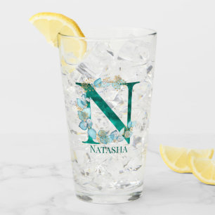 Watercolor Teal and Gold Monogram Letter N Glass