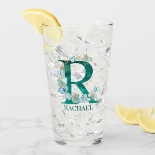 Watercolor Teal and Gold Monogram Letter R Glass