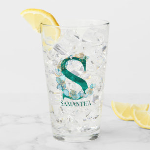 Watercolor Teal and Gold Monogram Letter S Glass