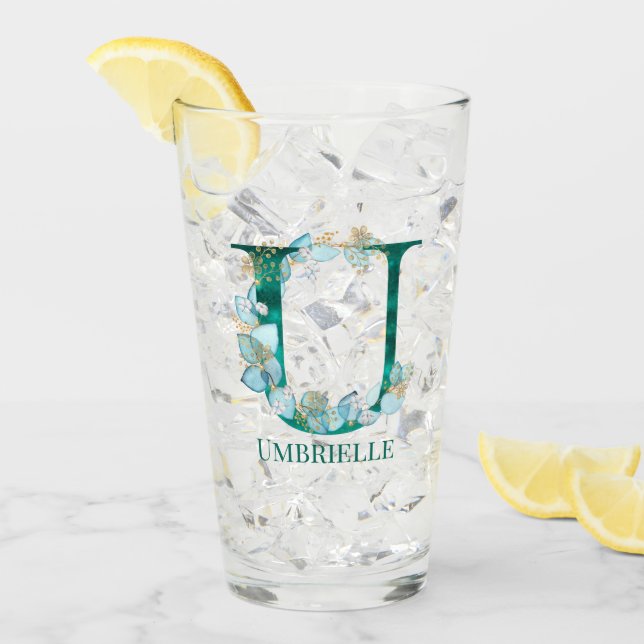 Watercolor Teal and Gold Monogram Letter U Glass (Front Ice)