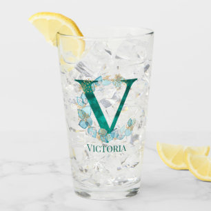 Watercolor Teal and Gold Monogram Letter V Glass