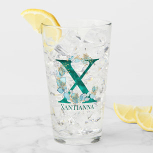 Watercolor Teal and Gold Monogram Letter X Glass
