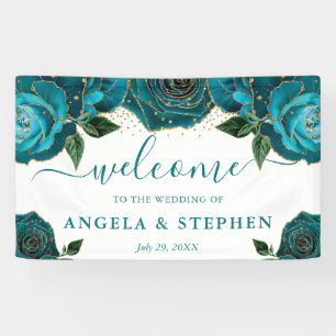 Watercolor Teal and Gold Roses Wedding Banner