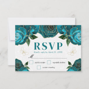 Watercolor Teal and Gold Roses Wedding RSVP Card