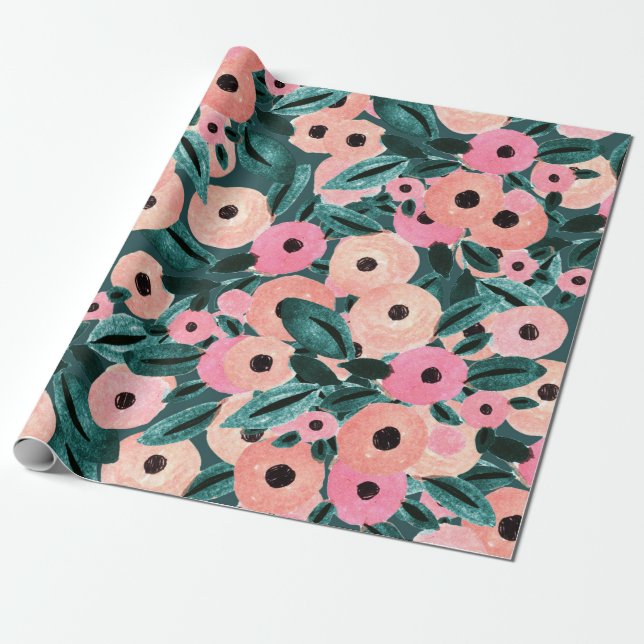 Watercolor Teal and Pink Floral Wrapping Paper (Unrolled)