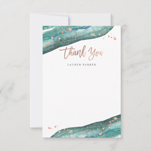 Watercolor Teal and Rose Gold Geode Thank You Card (Front)