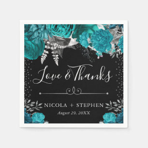 Watercolor Teal and Silver Flowers Wedding Napkin