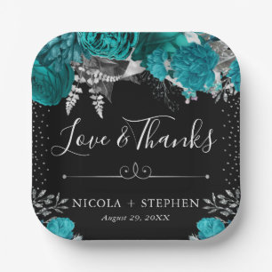 Watercolor Teal and Silver Flowers Wedding Paper Plate