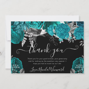 Watercolor Teal and Silver Roses Quinceanera Thank You Card