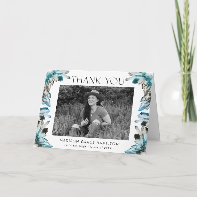 Watercolor Teal Blue Crystals Photo Graduation Thank You Card (Front)