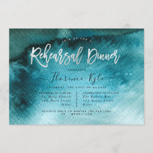 Watercolor Teal Blue+Faux Silver Rehearsal Dinner Invitation