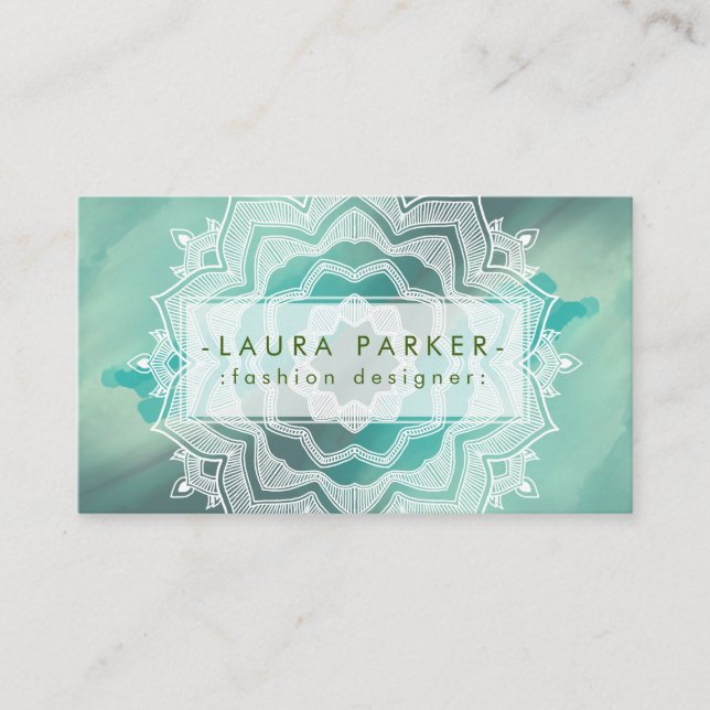 Watercolor Teal Blue Splatter Abstract Mandala Art Business Card (Front)