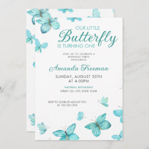 Watercolor Teal Butterflies Cute 1st Birthday Invitation