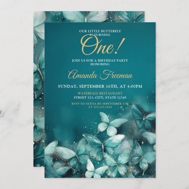 Watercolor Teal Butterflies Glitter 1st Birthday Invitation (Front/Back)