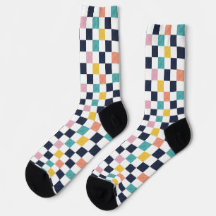 Watercolor Teal Coral Checkerboard Socks