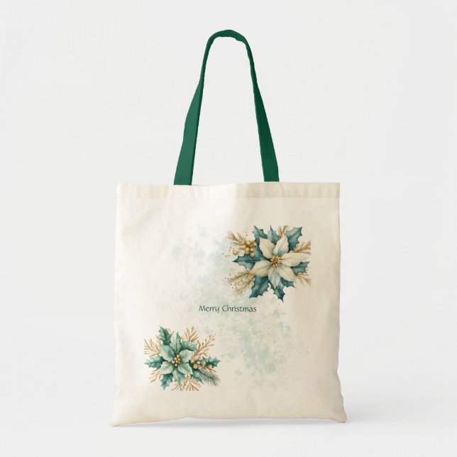 Watercolor Teal Floral Christmas Holiday Tote Bag (Front)