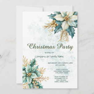 Watercolor Teal Floral Christmas Party Invitation