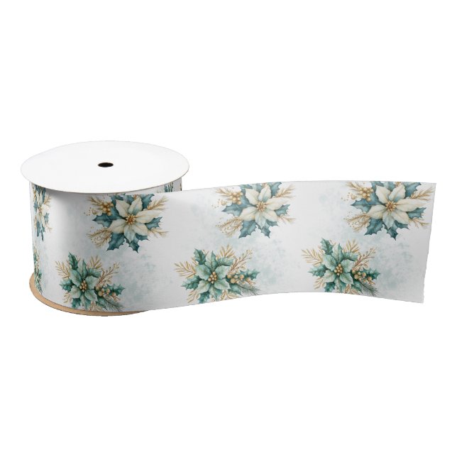Watercolor Teal Floral Christmas Satin Ribbon (Spool)