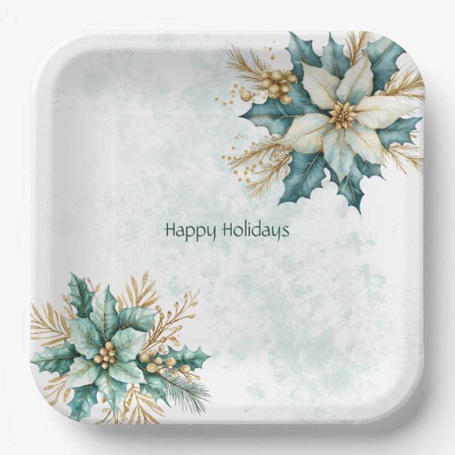 Watercolor Teal Floral Holiday Paper Plate (Front)