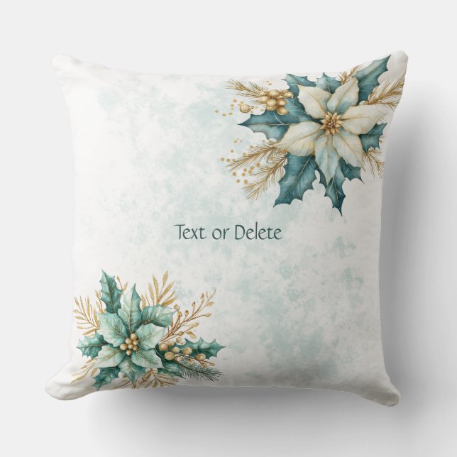 Watercolor Teal Floral Holiday Throw Pillow (Front)