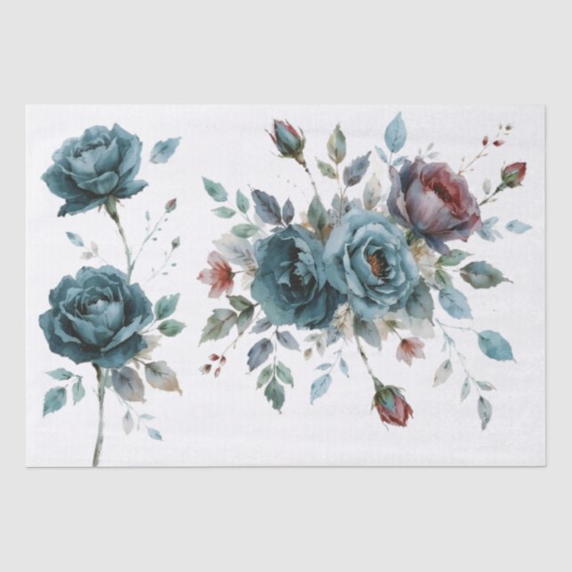 Watercolor Teal Floral Tissue Paper (Front)