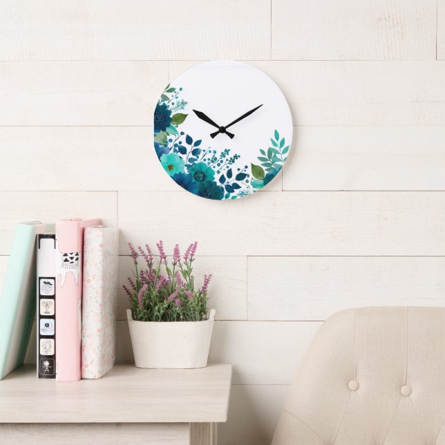 Watercolor Teal Floral Wall Clock - Silent Botanic (Reading Room)