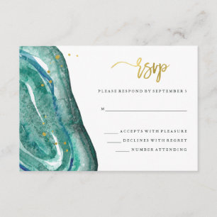 Watercolor Teal Geode and Faux Gold Wedding RSVP Card