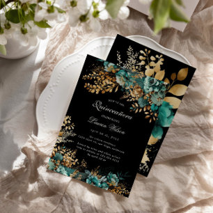 Watercolor Teal Gold Floral Quinceanera Invitation