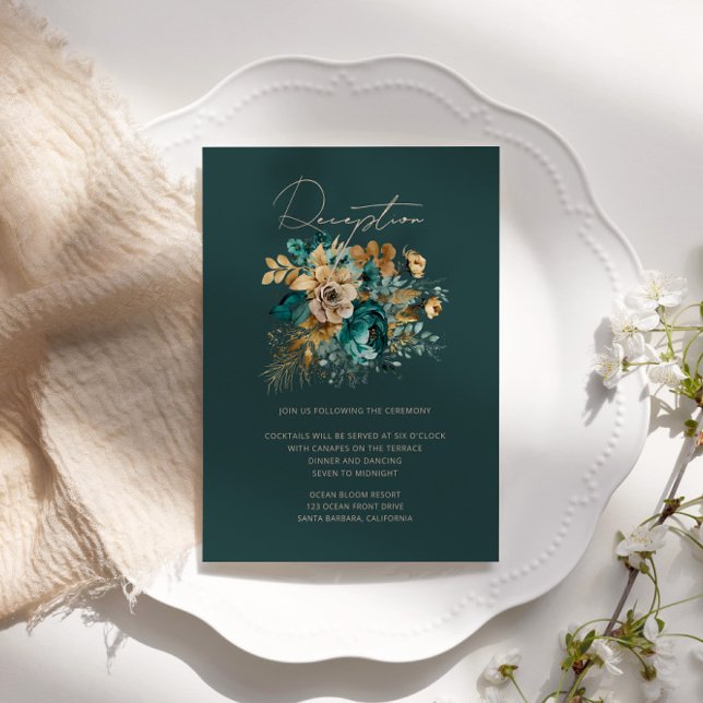 Watercolor Teal Gold Floral Reception Enclosure Card (Creator Uploaded)