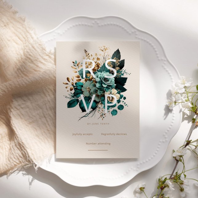 Watercolor Teal Gold Floral RSVP Card (Creator Uploaded)