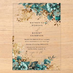 Watercolor Teal Gold Floral Wedding Acrylic Invitations