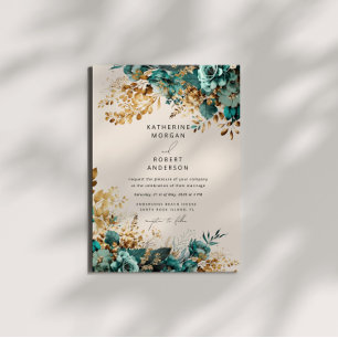 Watercolor Teal Gold Floral Wedding Invitation