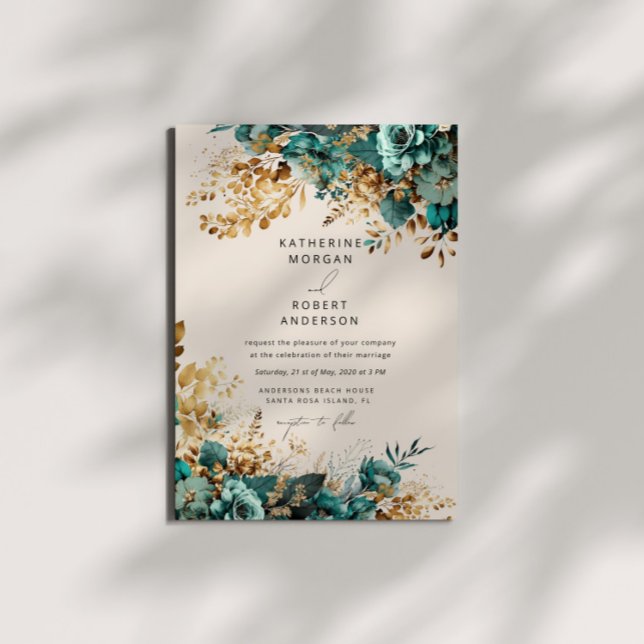 Watercolor Teal Gold Floral Wedding Invitation (Creator Uploaded)