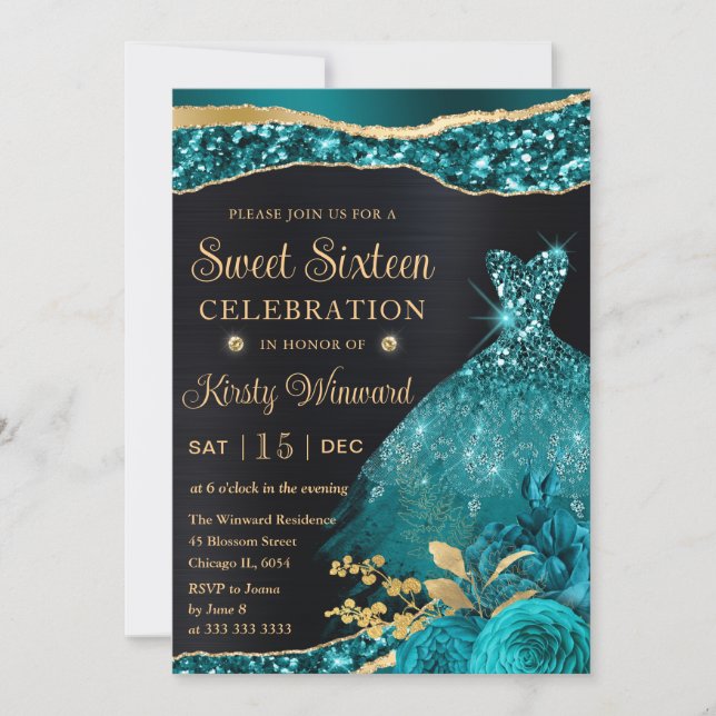 Watercolor Teal & Gold Glitter Dress Sweet Sixteen Invitation (Front)
