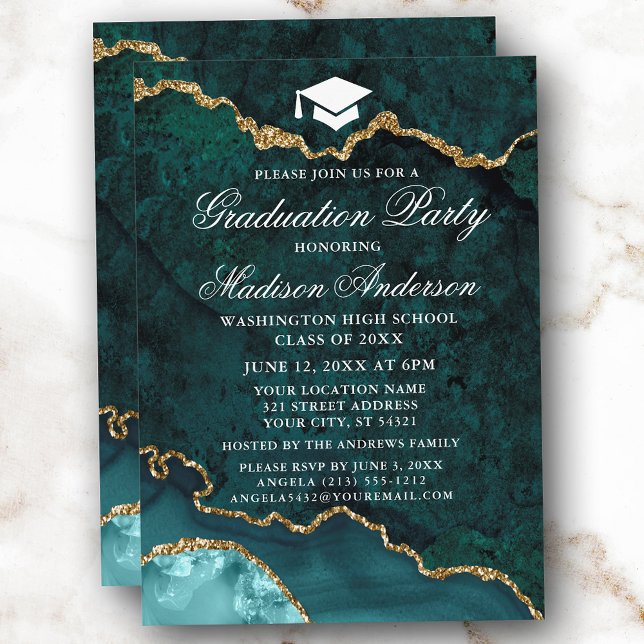 Watercolor Teal Gold Marble Agate Graduation Party Invitation (Customize to change text size, style or to add more text or photos to back of card.)