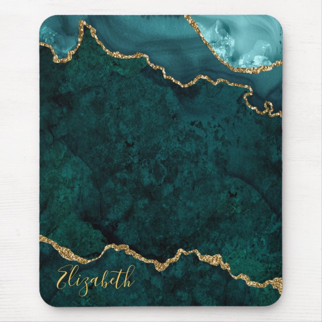 Watercolor Teal Gold Marble Geode Agate Mouse Pad (Front)