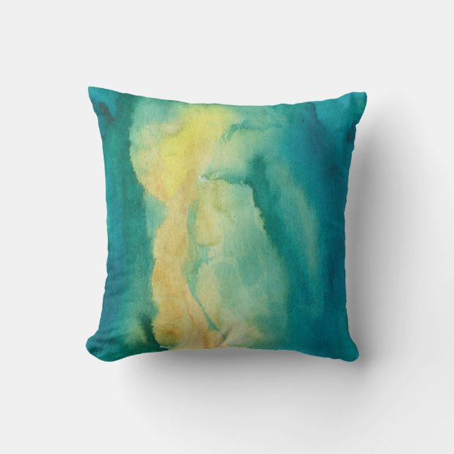 Watercolor teal green and yellow throw pillow (Front)