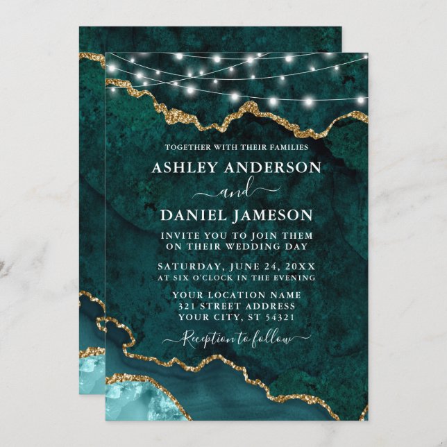 Watercolor Teal Marble Agate Geode Lights Wedding Invitation (Front/Back)