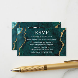 Watercolor Teal Marble Wedding RSVP QR Back Enclosure Card