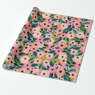 Watercolor Teal, Pink and Gold Floral Wrapping Paper