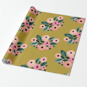 Watercolor Teal, Pink and Gold Floral Wrapping Paper