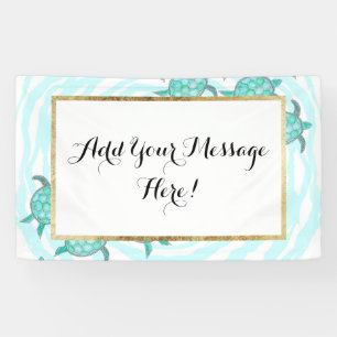 Watercolor Teal Sea Turtles on Swirly Stripes Banner