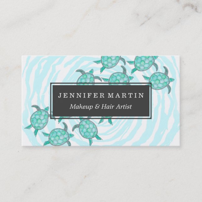 Watercolor Teal Sea Turtles on Swirly Stripes Business Card (Front)