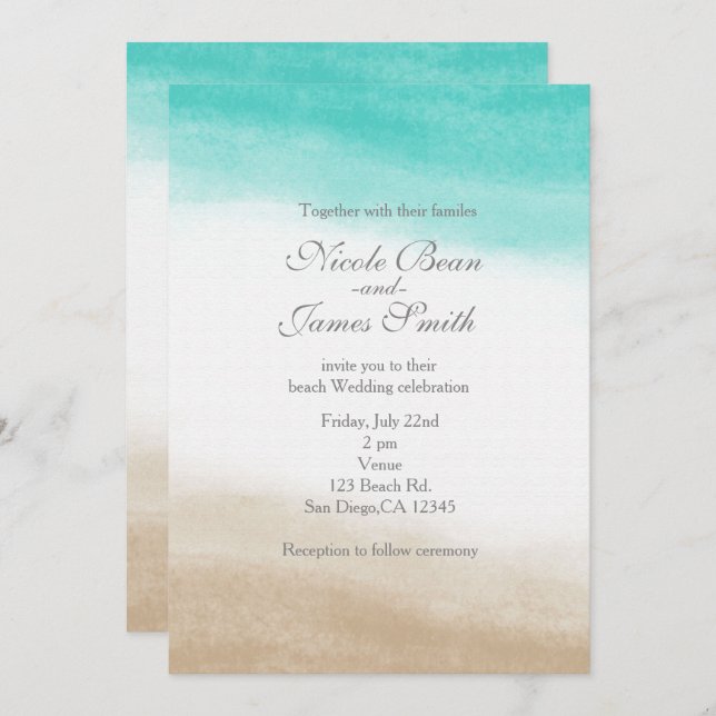 Watercolor Teal & Tan Elegant Beach Wedding Invitation (Front/Back)